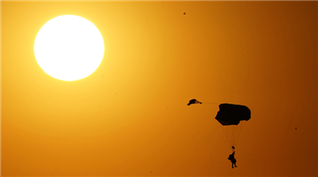 Paratroopers dive from transport aircraft