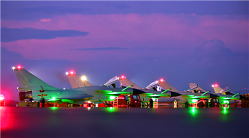 J-10 fighter jets fly in echelon formation